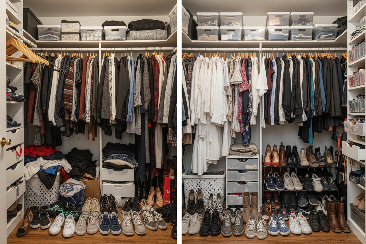 2 images dividend by a line one a messy closet and other neatly arranged closet