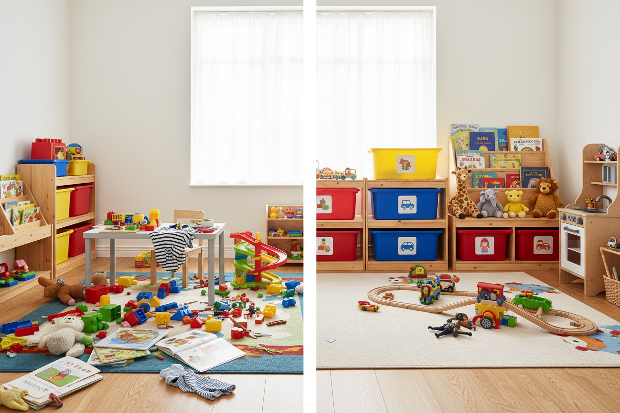 A children playroom one image is messy and other neatly arranged room picture dividend with a white line