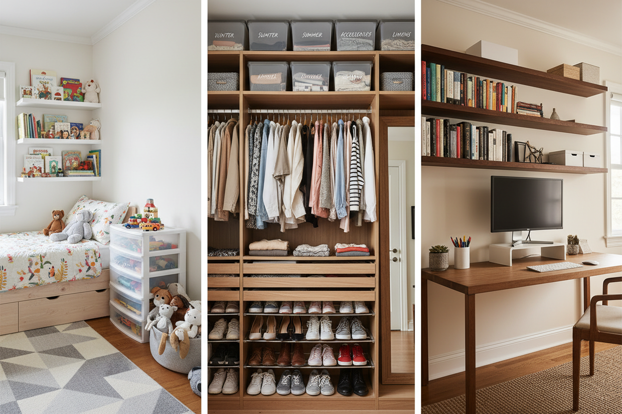 I WANT A THREE PICTURE DIVIDE BY A LINE FIRST PICTURE CHLIDREN NEATLY ARRANGED SECOND PICTURE OF A CLOSET NEATLY ARRANGE AND LAST ROOM STUDY ROOM 